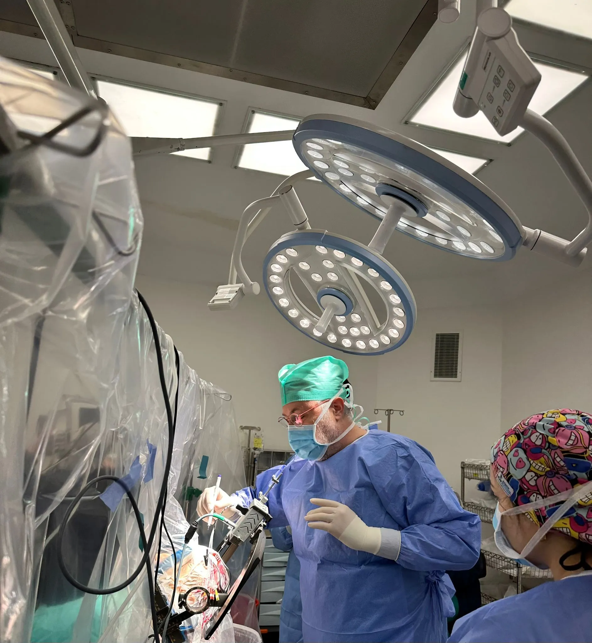 Close-up of DBS electrode implantation procedure